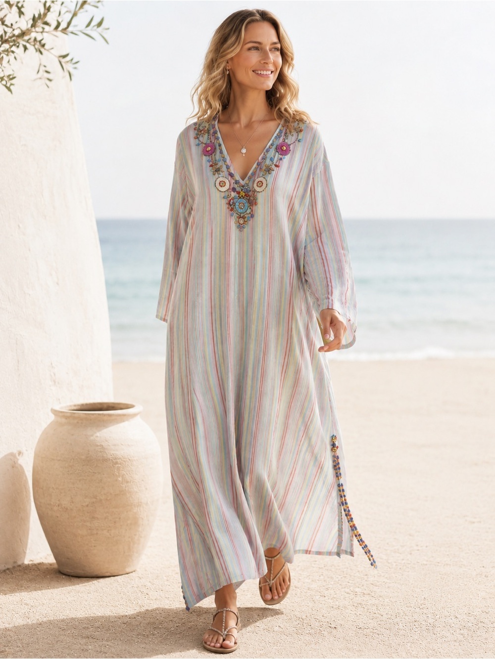 Soft Surroundings Embellished Beaded Caftan Maxi Dress Cover Up PM NWT